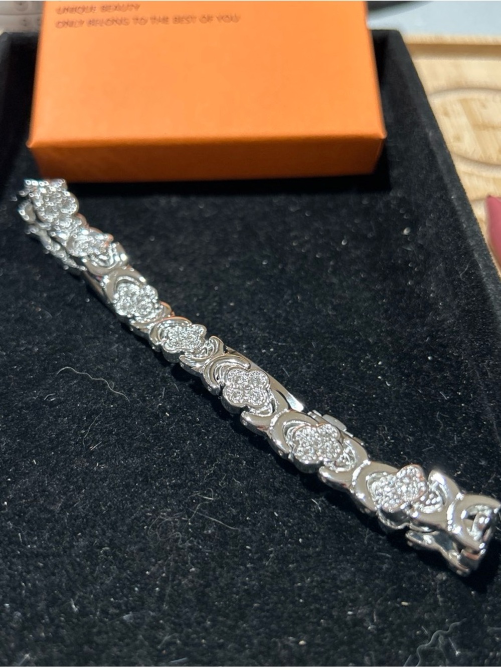 Silver-Tone Pave Floral Link Bracelet - Women Jewelry around size 8” wrist